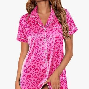 New! Ekouaer Pink Leopard Print Satin Sleepshirt
